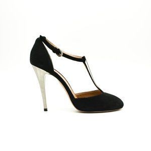 Eliza Di Venezia T Strap Suede Pumps Silver Heel 7